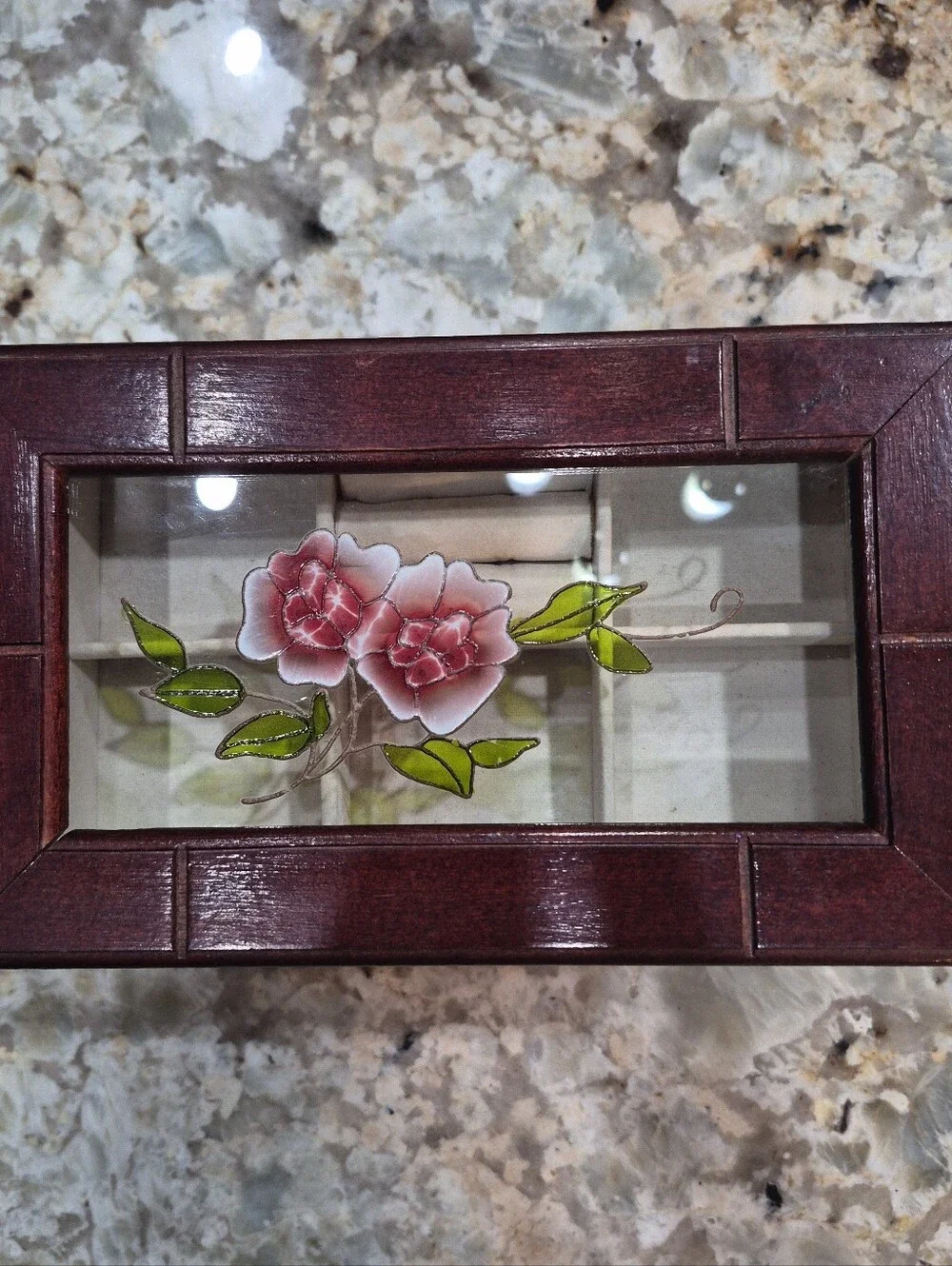 Vintage Wooden Jewelry Box With Floral Stained Glass & Drawers Cottagecore